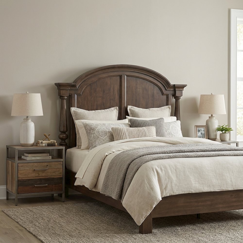 Cherry Brown Queen Poster Bed Headboard, Arched Design, Traditional Wood Style