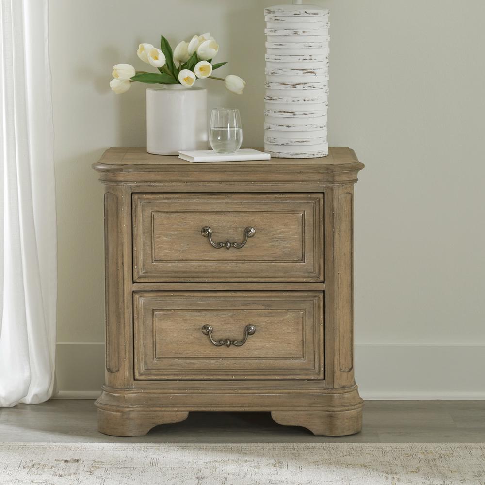 Queen Upholstered Bed, Dresser & Mirror, Chest, Night Stand - Weathered Bisque