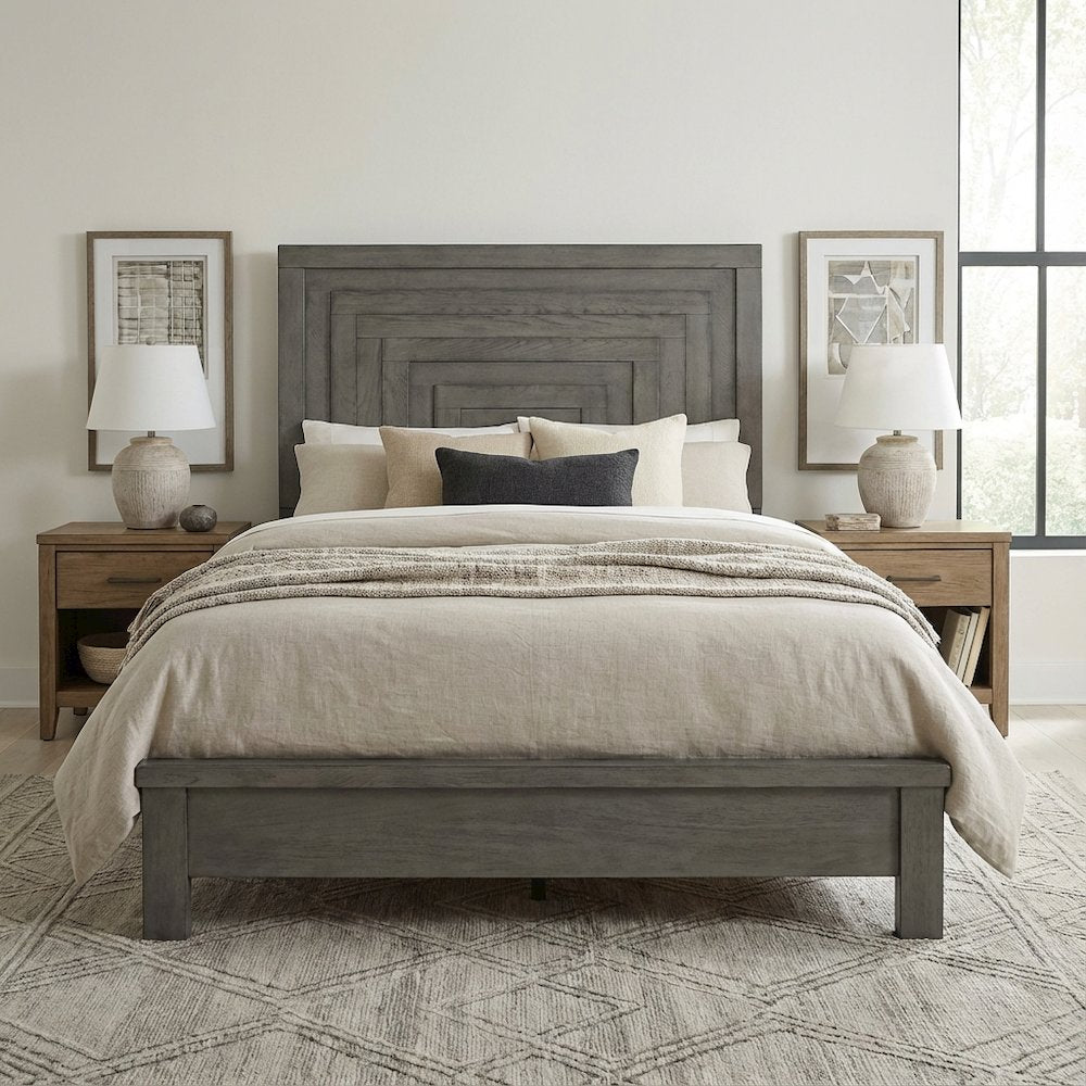 Dusty Charcoal Panel Headboard, Heavy Distressing Solid, Manufactured Wood