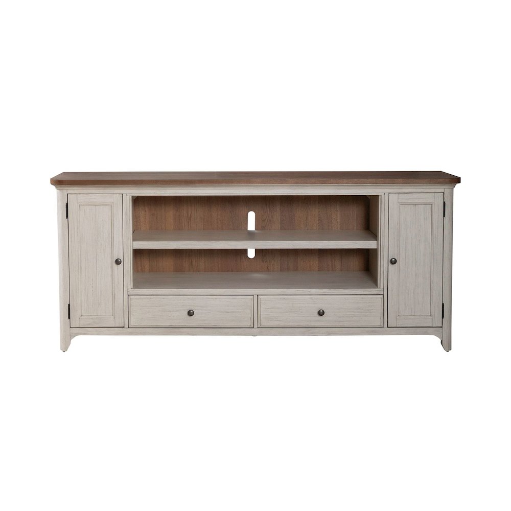 Farmhouse Reimagined 80 Inch TV Console  - Antique White with Chestnut Tops