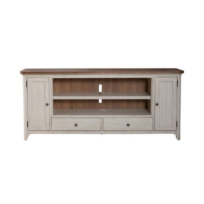 Farmhouse Reimagined 80 Inch TV Console  - Antique White with Chestnut Tops