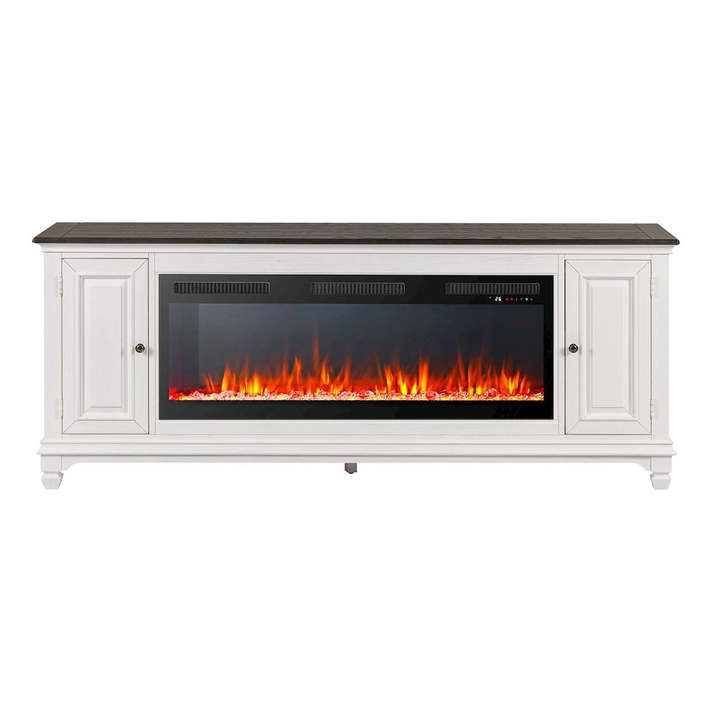 Heated LED Fireplace TV Consoles 80 Inch - Wirebrushed White with Charcoal Tops