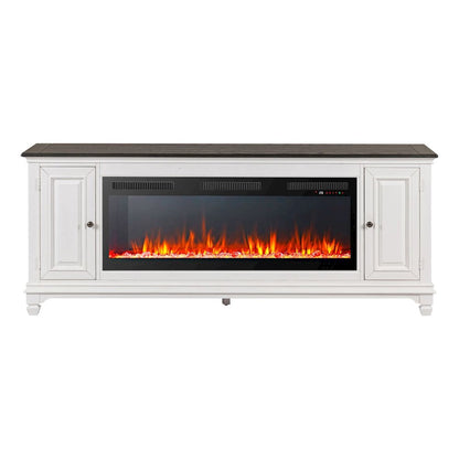 Heated LED Fireplace TV Consoles 80 Inch - Wirebrushed White with Charcoal Tops