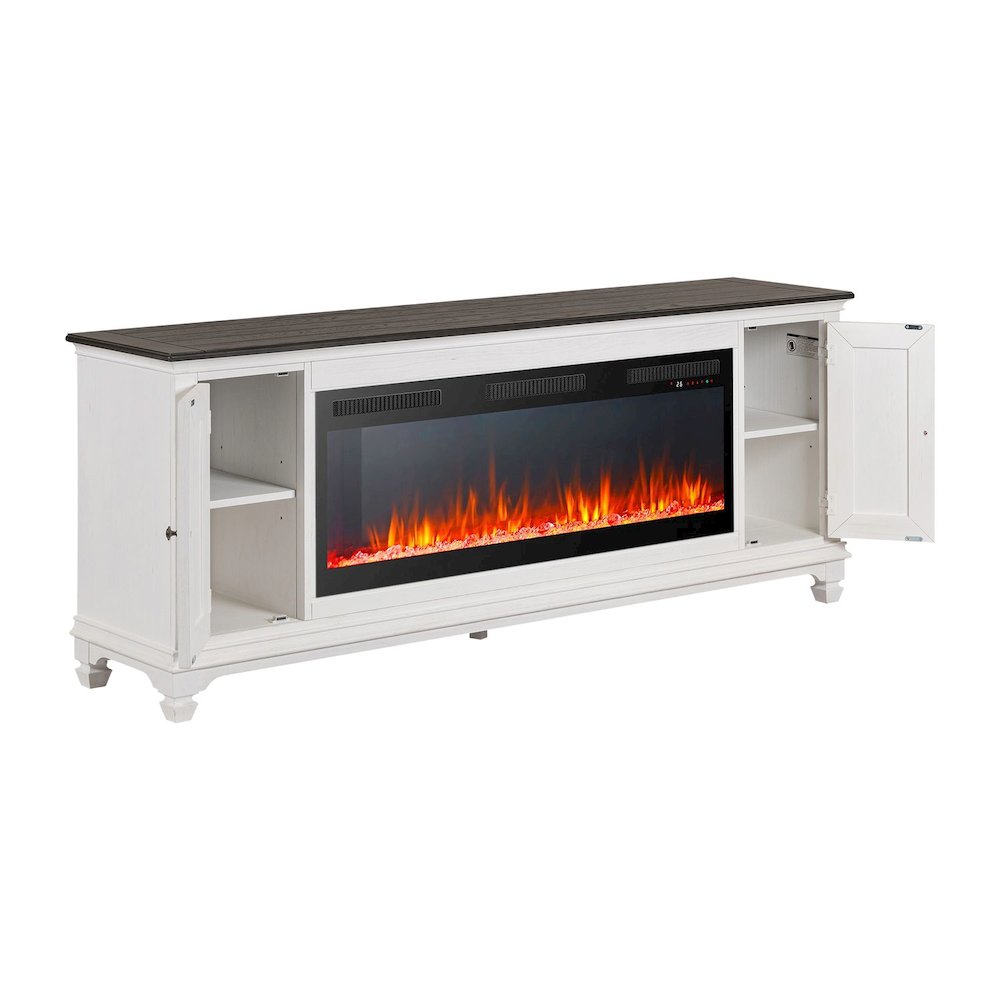 Heated LED Fireplace TV Consoles 80 Inch - Wirebrushed White with Charcoal Tops