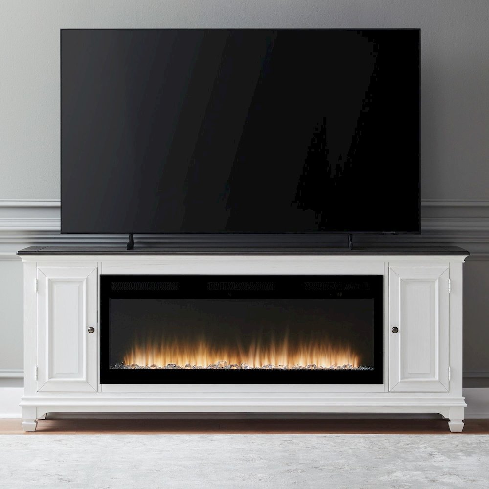 Heated LED Fireplace TV Consoles 80 Inch - Wirebrushed White with Charcoal Tops