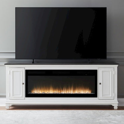 Heated LED Fireplace TV Consoles 80 Inch - Wirebrushed White with Charcoal Tops