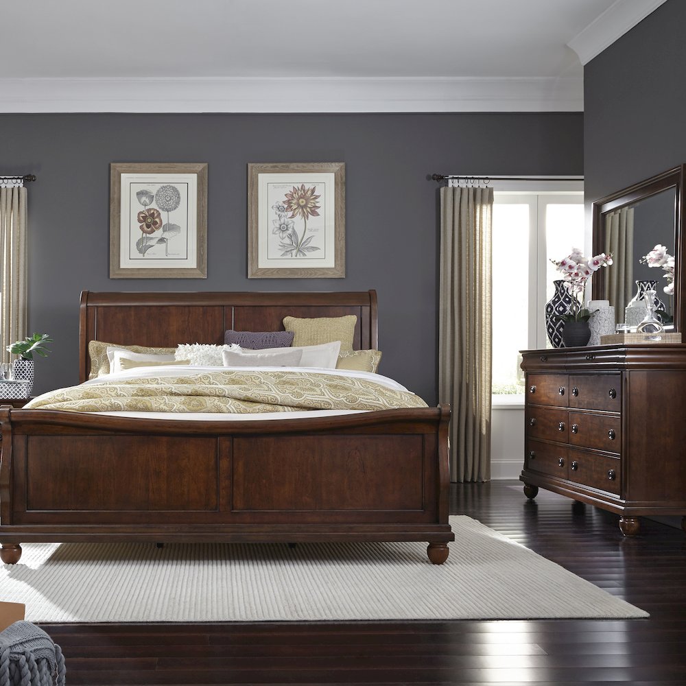 Queen Sleigh Bed, Dresser & Mirror in Poplar Solids & Pin Knotty Cherry Veneers