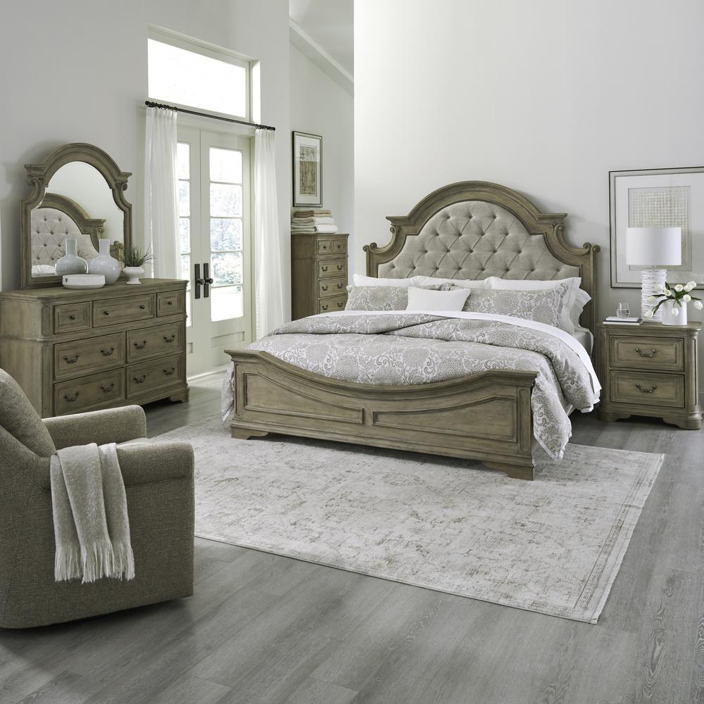 Queen Upholstered Bed, Dresser & Mirror, Chest, Night Stand - Weathered Bisque