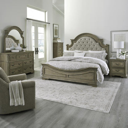 Queen Upholstered Bed, Dresser & Mirror, Chest, Night Stand - Weathered Bisque