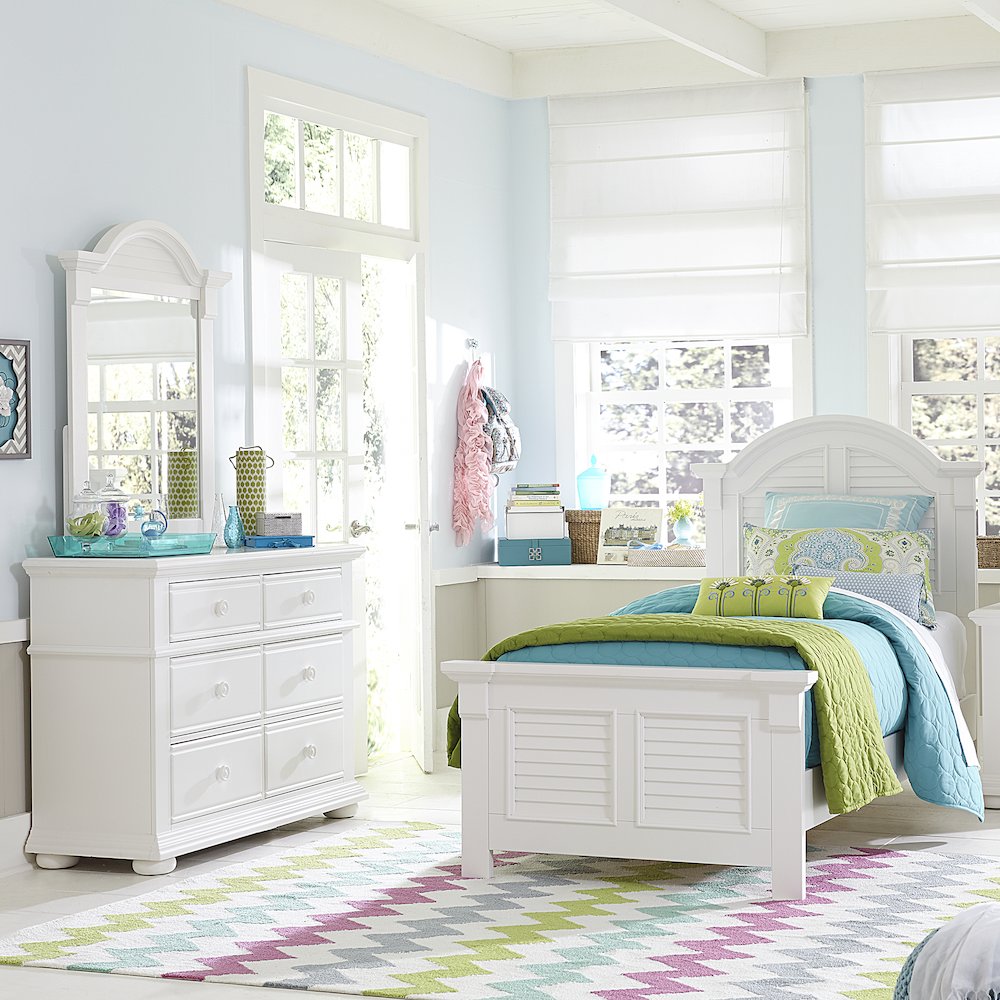 Full Panel Bed, Dresser & Mirror in Pine Solids with Painted MDF & Wood Products