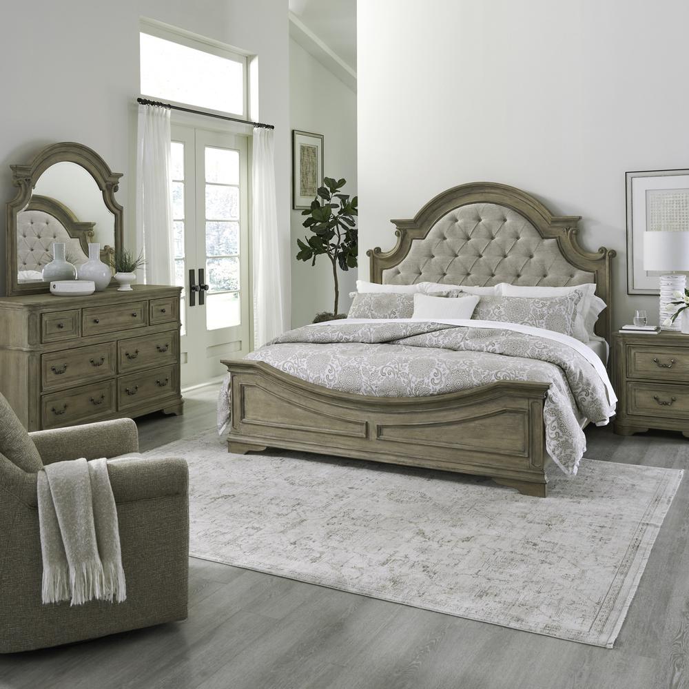 Queen Upholstered Bed, Dresser & Mirror, Night Stand - Weathered Bisque