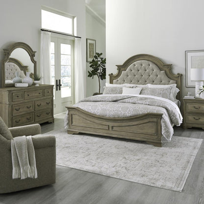 Queen Upholstered Bed, Dresser & Mirror, Night Stand - Weathered Bisque