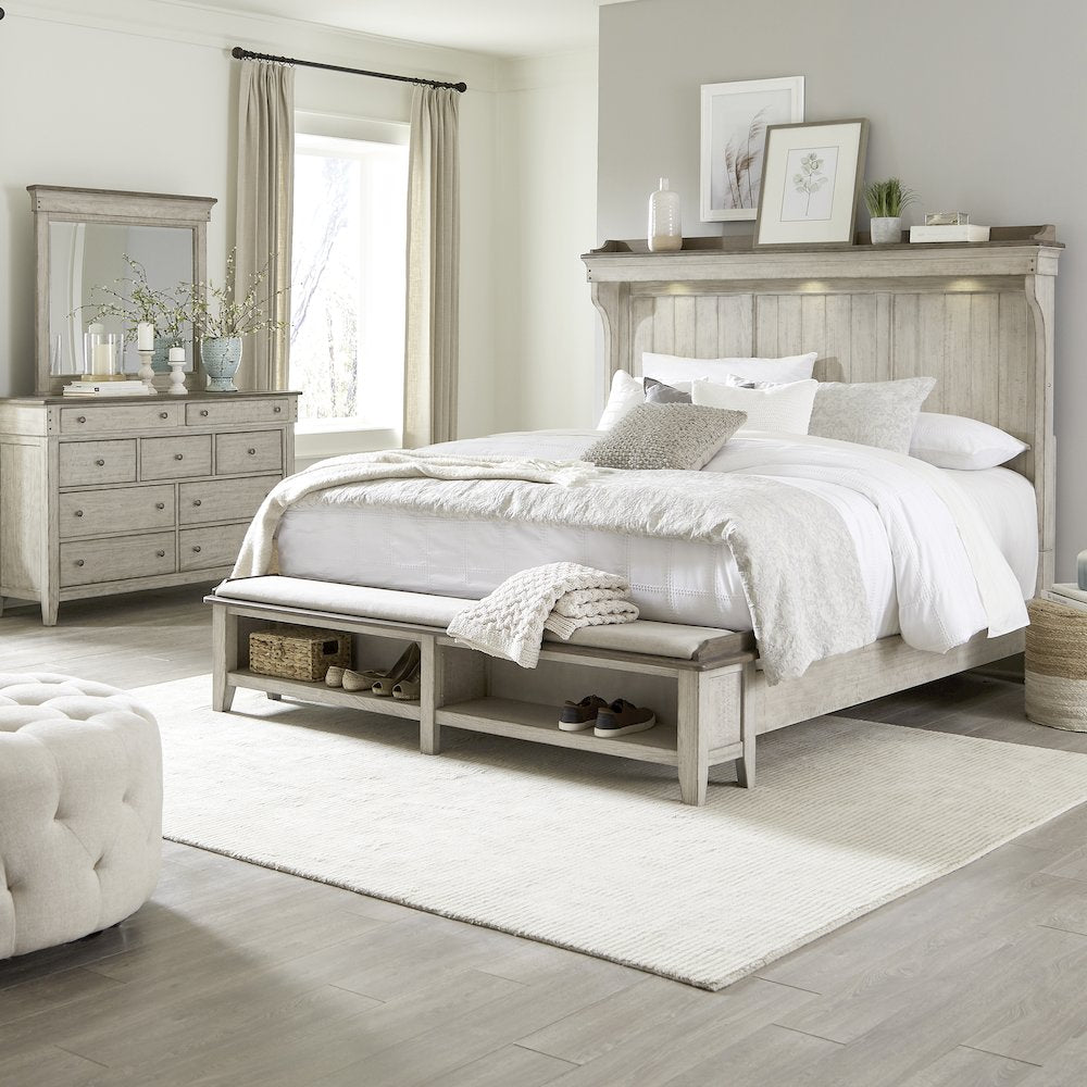 Queen Mantle Storage Bed, Dresser & Mirror - Weathered Linen w/ Dusty Taupe Tops
