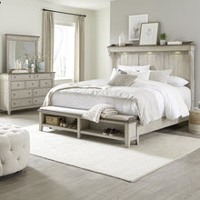 Queen Mantle Storage Bed, Dresser & Mirror - Weathered Linen w/ Dusty Taupe Tops