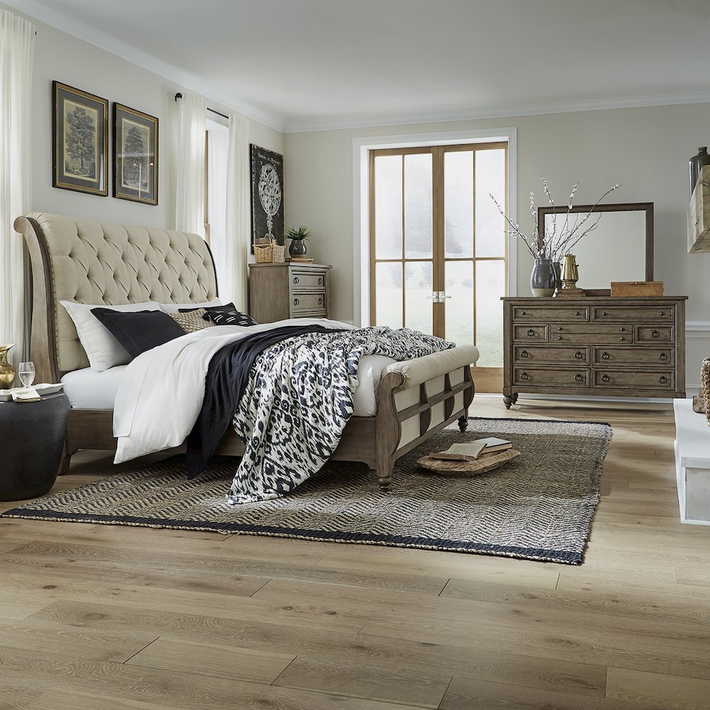 Queen Sleigh Bed, Dresser & Mirror, Chest - Dusty Taupe & Black