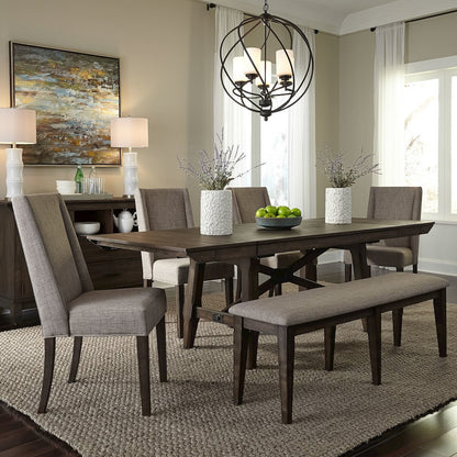 Optional 6 Piece Trestle Table Set in Rubberwood Solids and Acacia Veneers