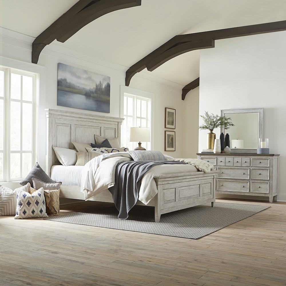 Heartland Queen Panel Bed, Dresser & Mirror - Antique White w/ Tobacco Tops