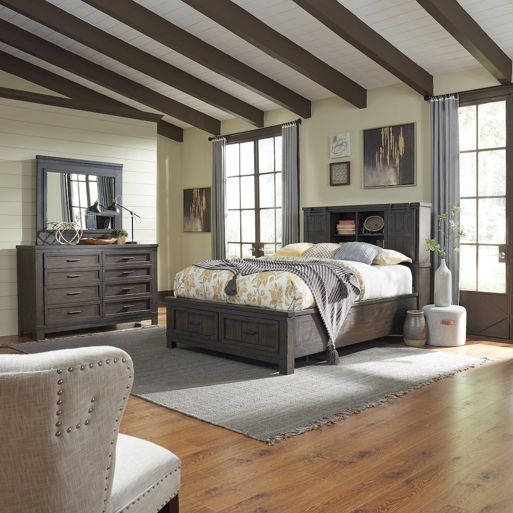 King Bookcase Bed, Dresser & Mirror in Rubberwood Solids and Mango Veneers