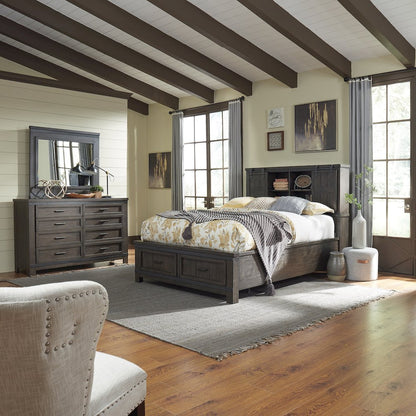 King Bookcase Bed, Dresser & Mirror in Rubberwood Solids and Mango Veneers