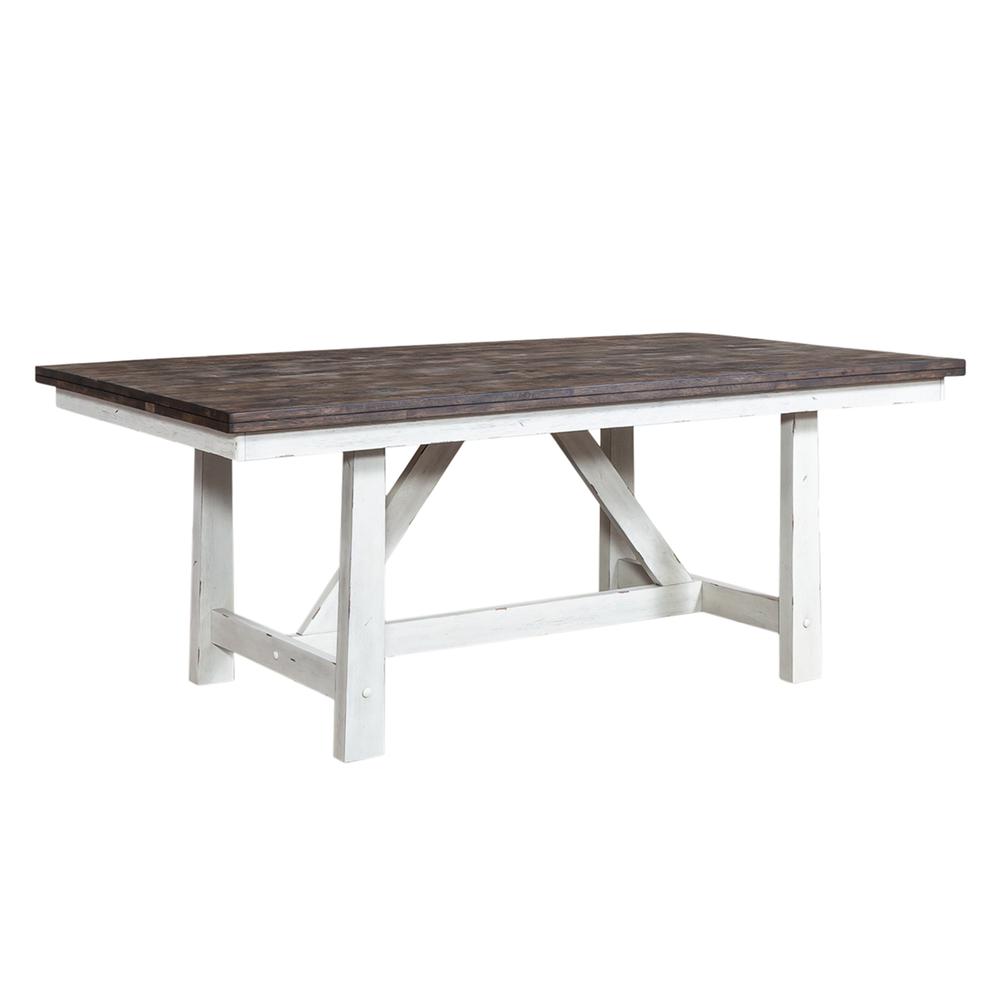 Farmhouse 5 Piece Trestle Table Set in Two Tone White w/ Wood Tone Top