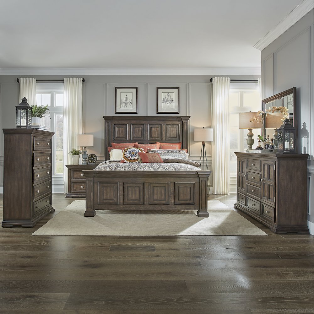 Big Valley Queen Panel Bed, Dresser & Mirror, Chest, Night Stand - Brownstone