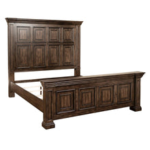 King Panel Bed, Dresser & Mirror, Chest - Brownstone w/ Heavy Distressing