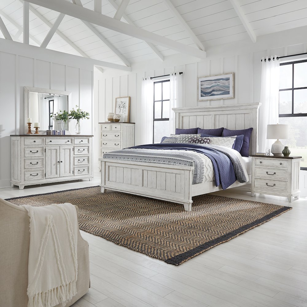 Queen Panel Bed, Dresser & Mirror, Chest, Night Stand - White & Tobacco