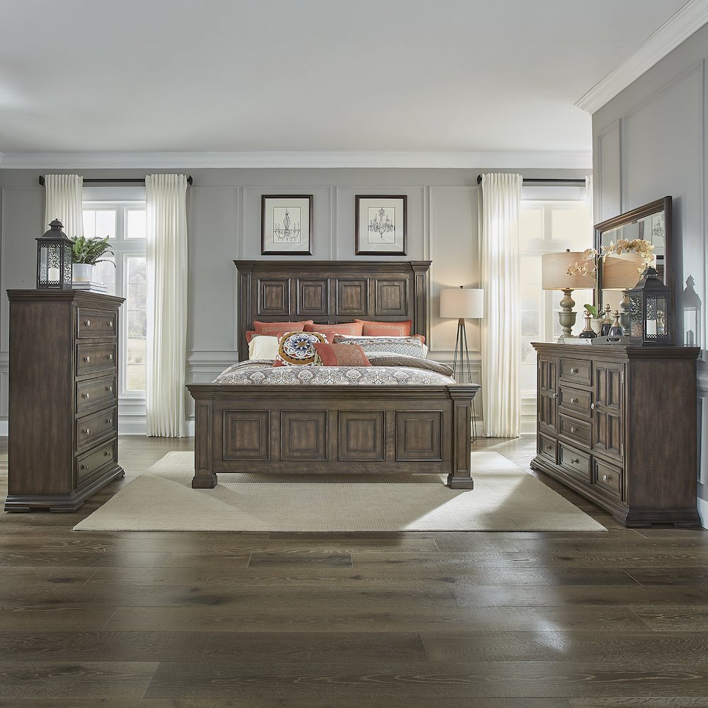 Queen Panel Bed, Dresser & Mirror, Chest - Brownstone w/ Heavy Distressing