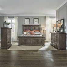 Queen Panel Bed, Dresser & Mirror, Chest - Brownstone w/ Heavy Distressing