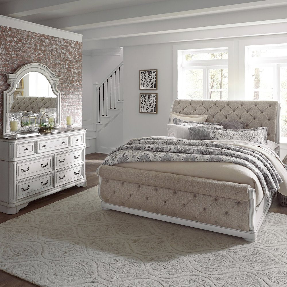 Magnolia Manor California King Upholstered Sleigh Bed, Dresser, Mirror - White