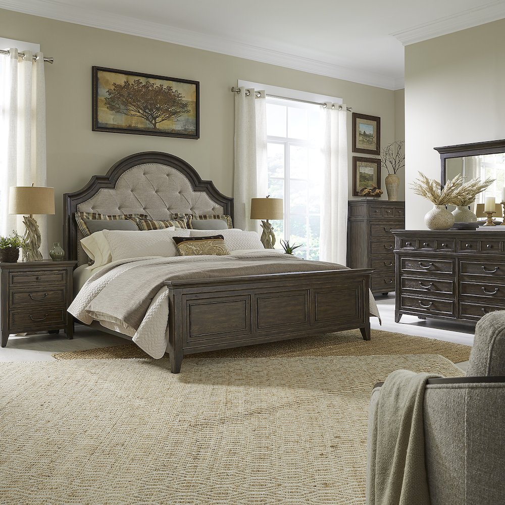 Queen Upholstered Bed, Dresser & Mirror, Chest, Night Stand - Saddle Brown