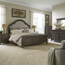 Queen Upholstered Bed, Dresser & Mirror, Chest, Night Stand - Saddle Brown