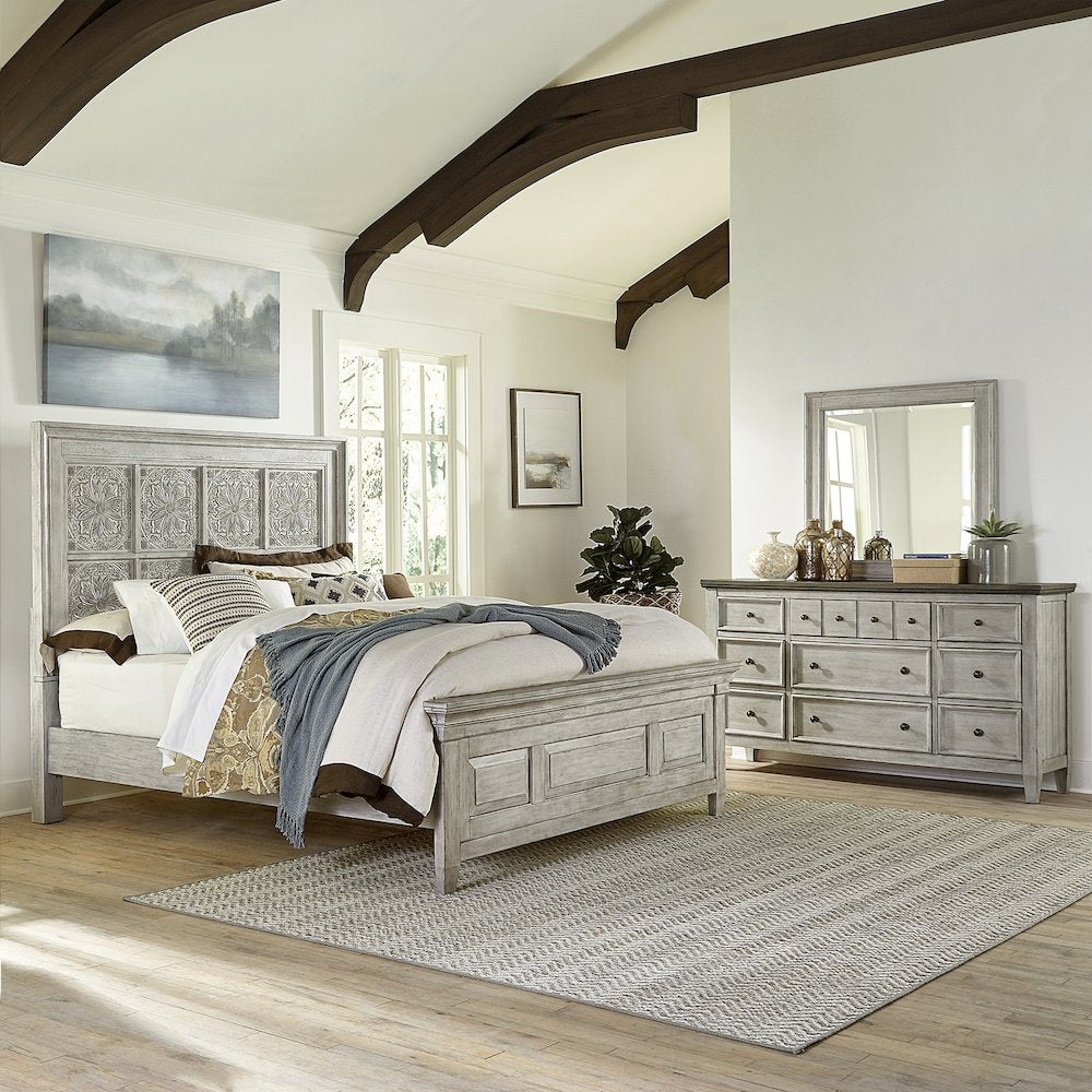 Heartland Opt Queen Panel Bed, Dresser & Mirror - Antique White w/ Tobacco Tops