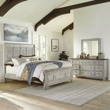 Heartland Opt Queen Panel Bed, Dresser & Mirror - Antique White w/ Tobacco Tops