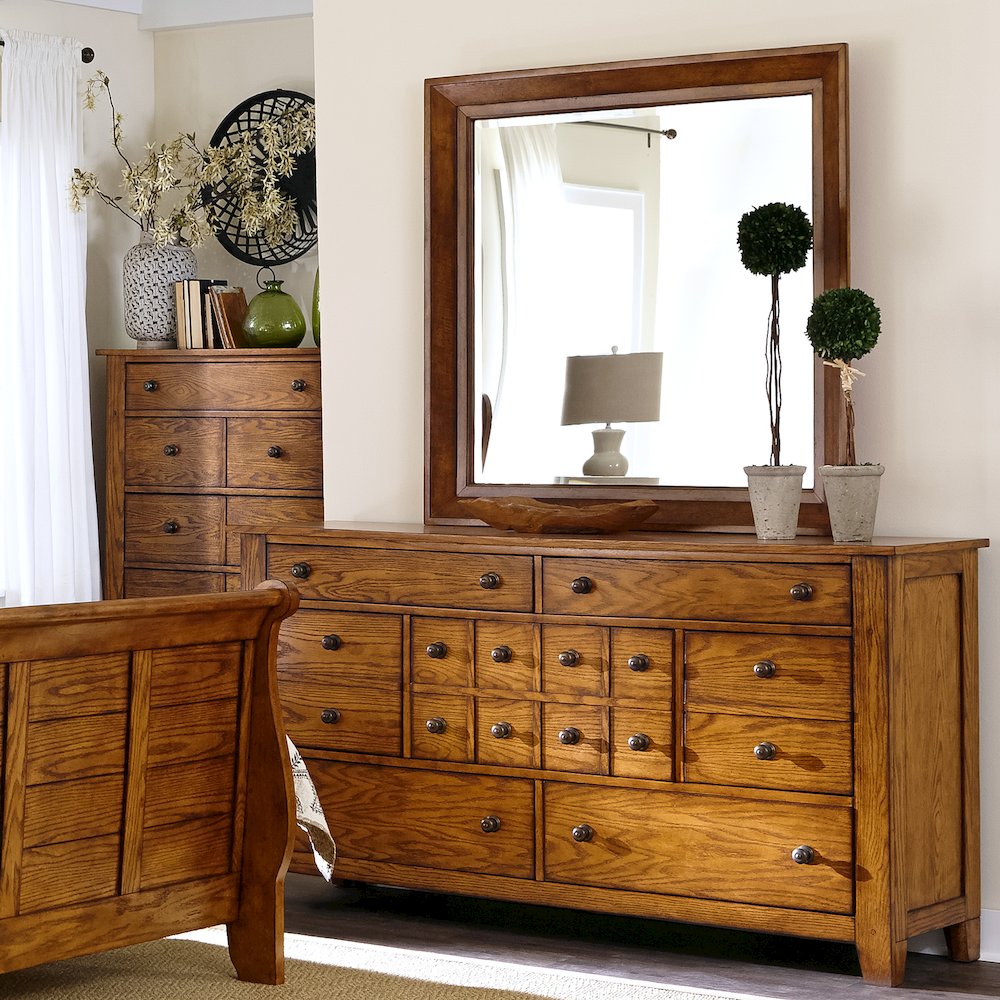 King California Sleigh Bed, Dresser & Mirror in Rubberwood Solids & Oak Veneers