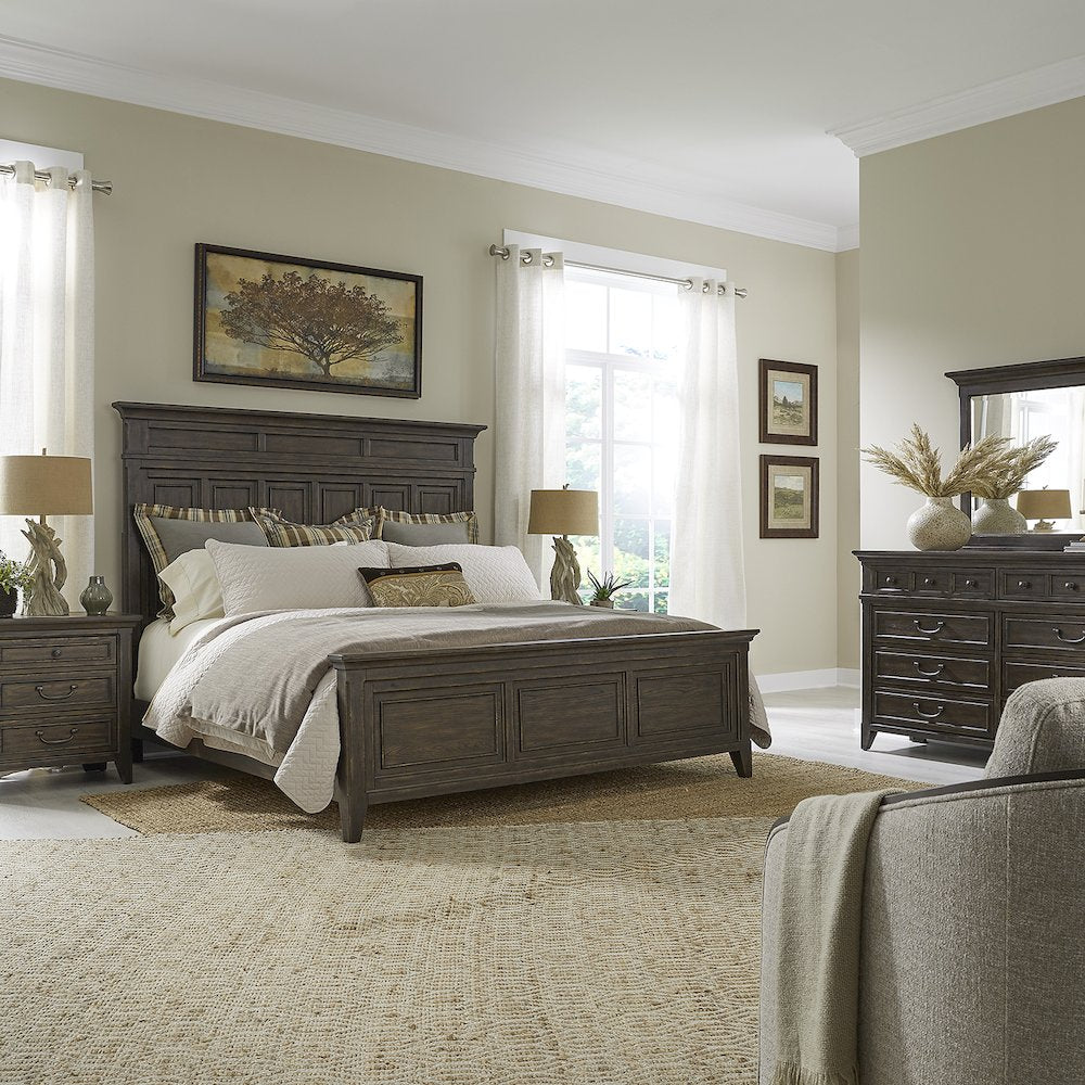 Paradise Valley Queen Panel Bed, Dresser & Mirror, Night Stand - Saddle Brown