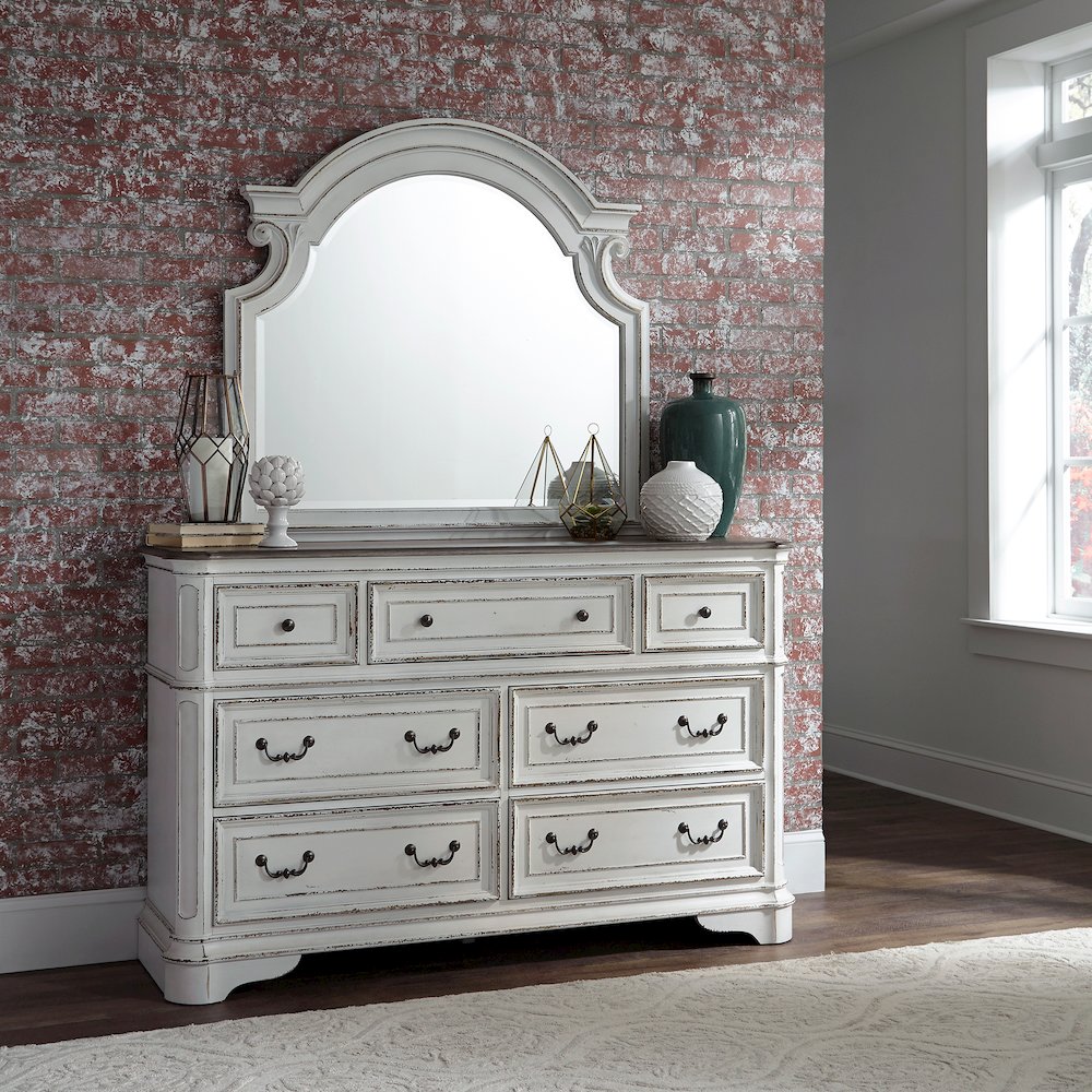 Queen Upholstered Sleigh Bed, Dresser & Mirror, Night Stand - Antique White