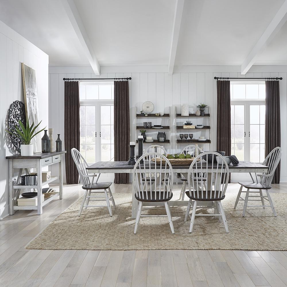 Farmhouse Optional 7 Piece Trestle Table Set in Two Tone White w/ Wood Tone Top