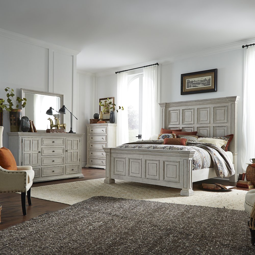 King Panel Bed, Dresser & Mirror, Chest in Rubberwood Solids and Wood Products