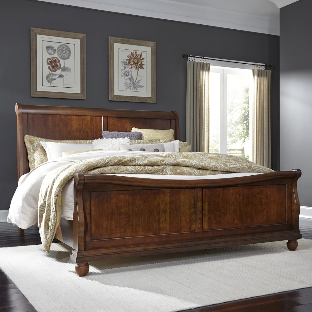 King California Sleigh Bed in Poplar Solids & Pin Knotty Cherry Veneers