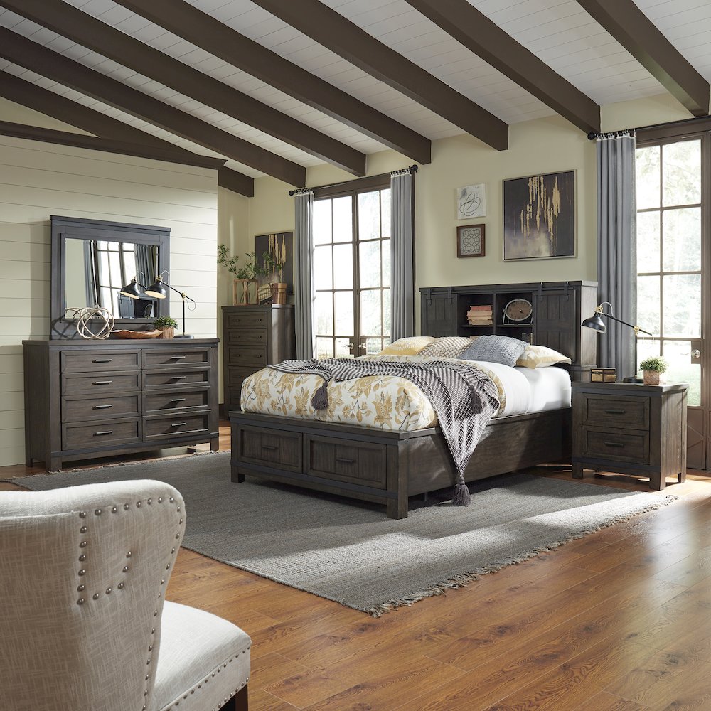 Queen Bookcase Bed, Dresser & Mirror, Chest, Night Stand - Rock Beaten Brown