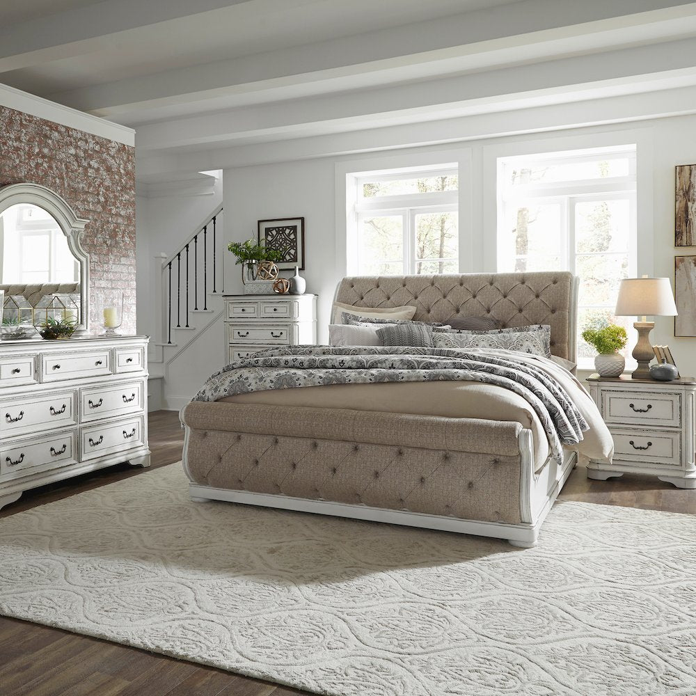 Queen Upholstered Sleigh Bed, Dresser & Mirror, Chest, Night Stand - White