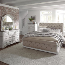 Queen Upholstered Sleigh Bed, Dresser & Mirror, Chest - Antique White