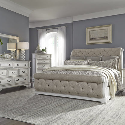 Abbey Park Queen Uph Sleigh Bed, Dresser & Mirror, Chest