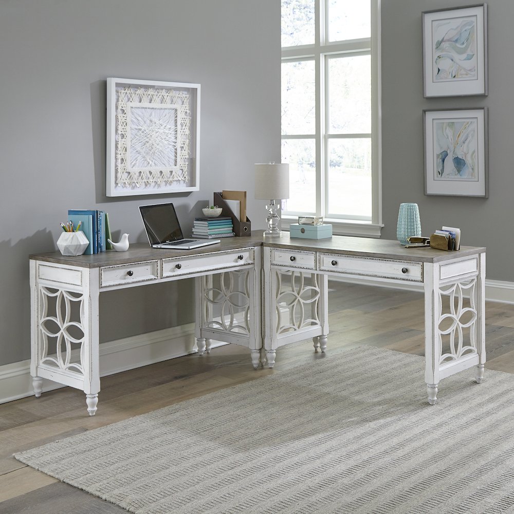 Magnolia Manor Optional L Shaped Desk Set - Antique White & Weathered Bark