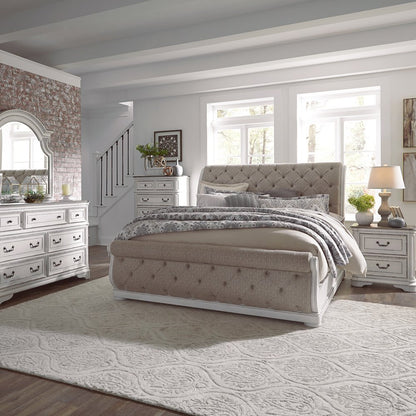 California King Sleigh Bed, Dresser & Mirror, Chest, Night Stand - White