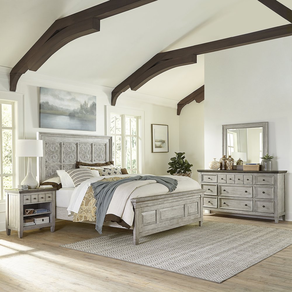 Queen Panel Bed, Dresser & Mirror, Night Stand - Antique White w/ Tobacco Tops
