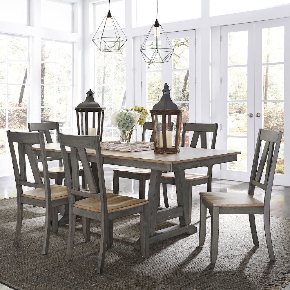 Lindsey Farm 7 Piece Trestle Table Set in Rubberwood Solids & Veneers w/ MDF