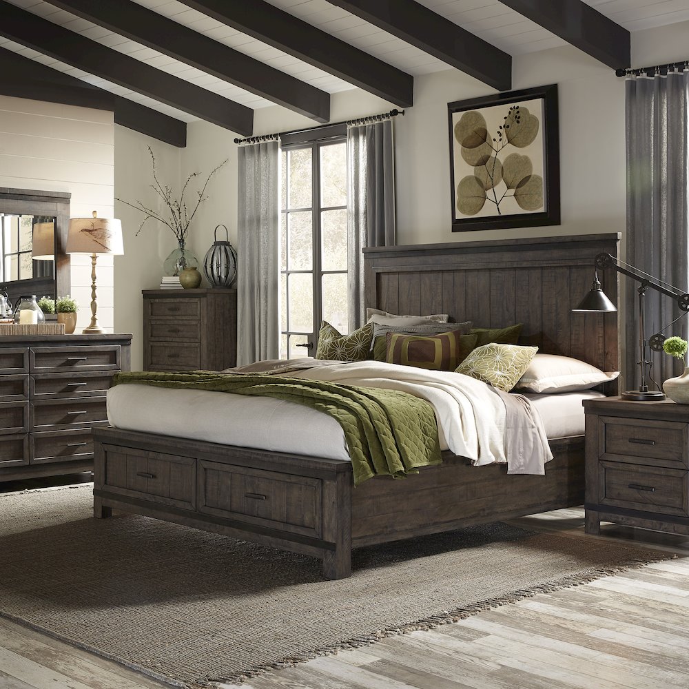 Thornwood Hills King Two Sided Storage Bed, Dresser & Mirror, Night Stand