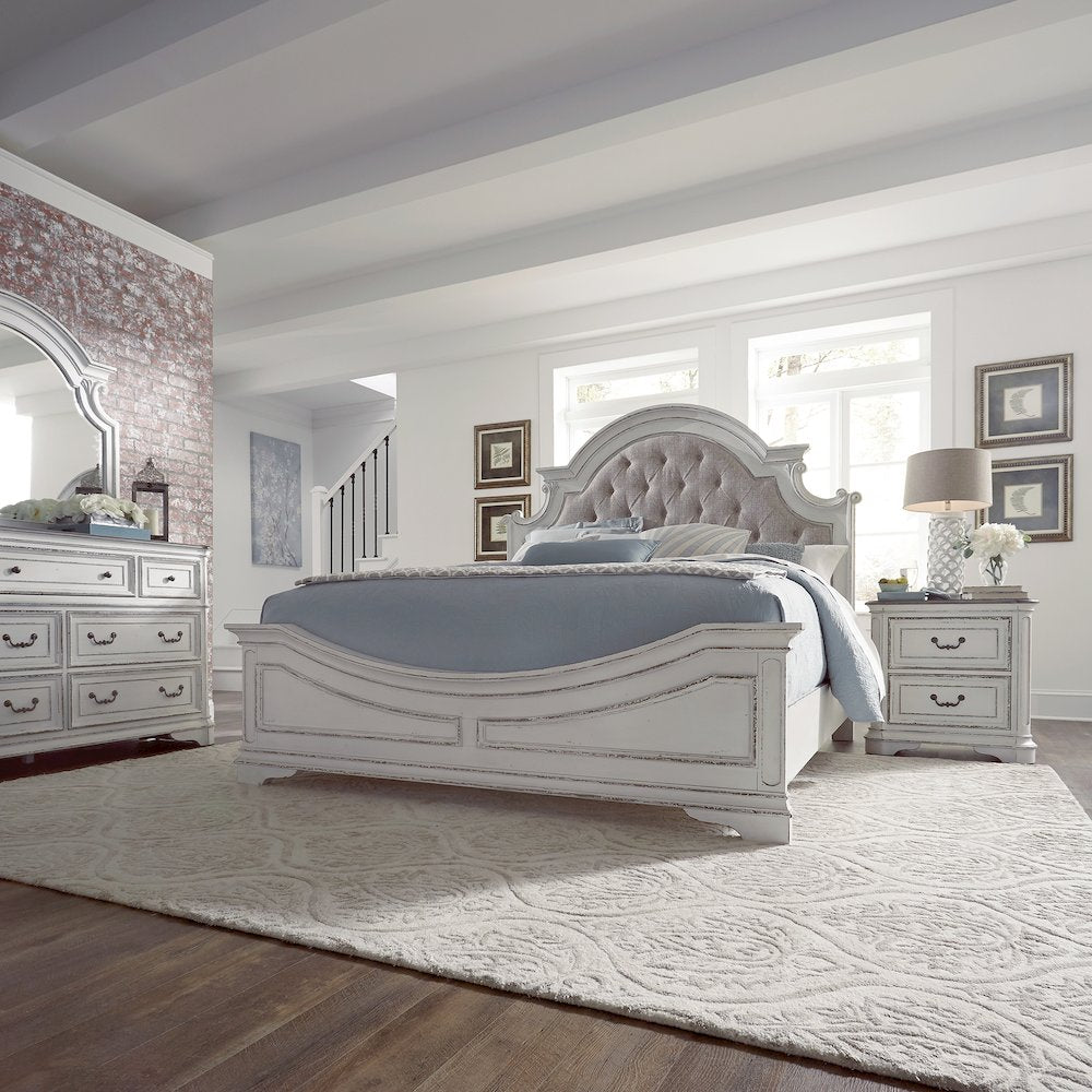 Magnolia Manor King California Upholstered Bed, Dresser & Mirror, Night Stand
